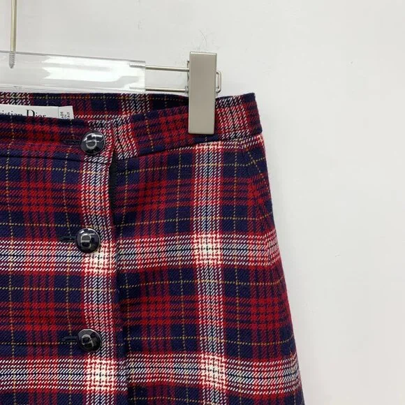 FW0057 Christian Dior Dark Red Plaid Wool Single-Breasted Casual Skirt Short Ski